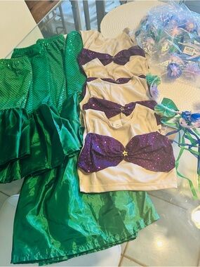 Mermaid Party Package for Five.  Green Silk Skirts with Purple micro dots Tops.